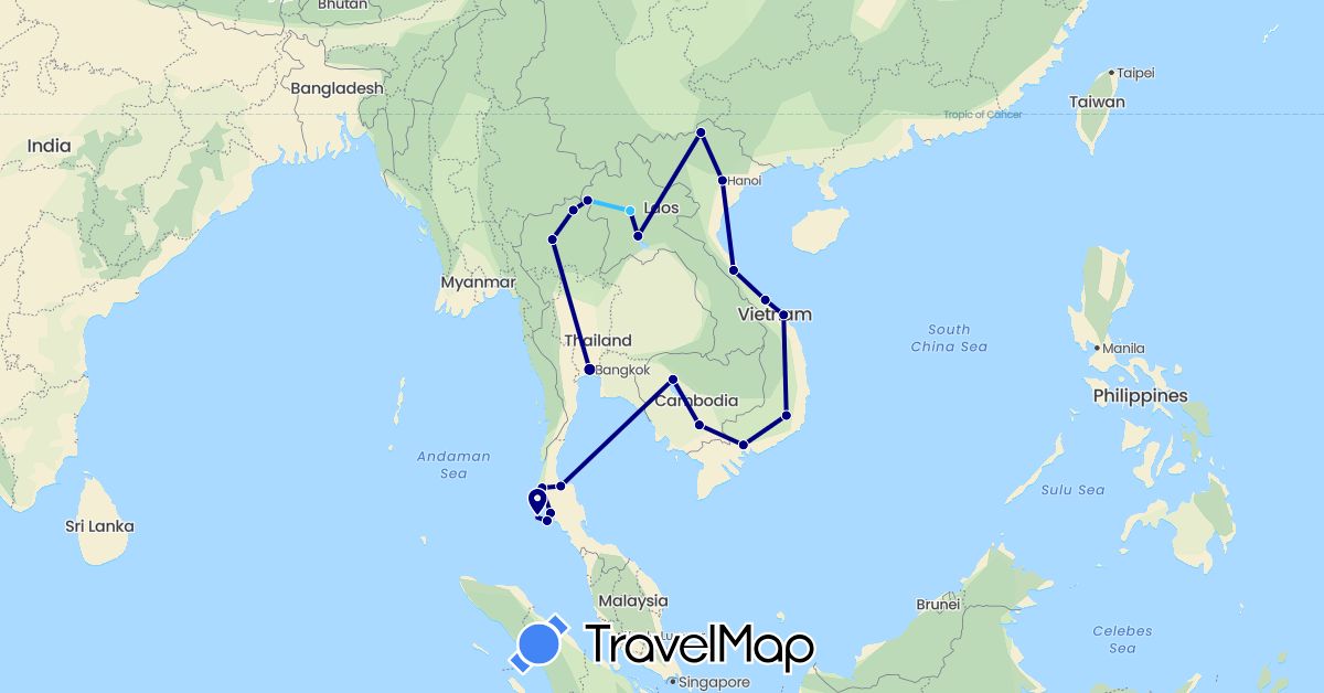 TravelMap itinerary: driving, boat in Cambodia, Laos, Thailand, Vietnam (Asia)